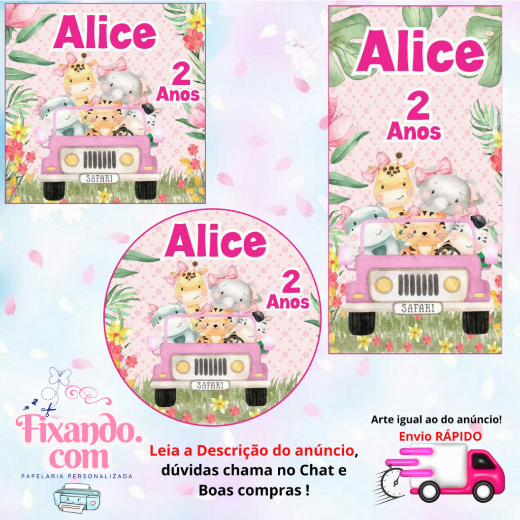 SAFARI ROSA- 100/60/40 Adesivos Personalizados para Festas ( Envia Rápido) em Oferta na Shopee