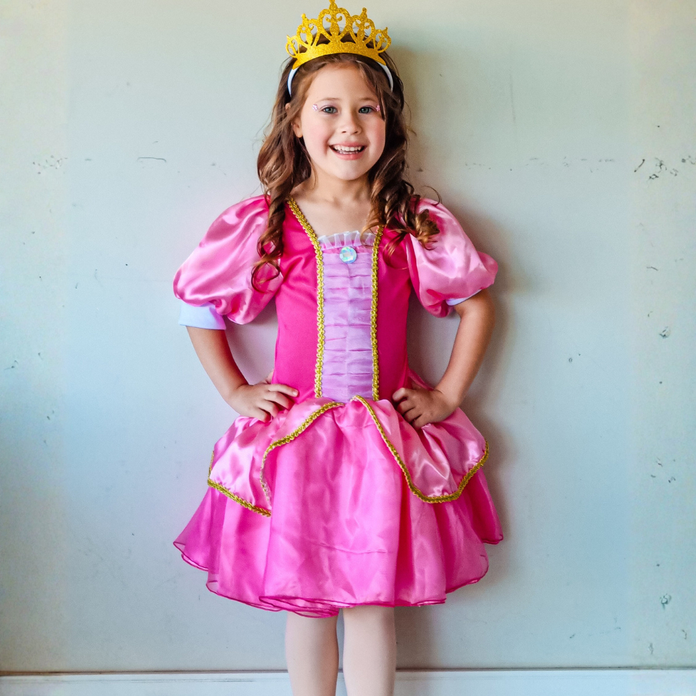 Fantasia Vestido Princesa Rosa com Coroa – Vestido Infantil Luxo Tema Realeza
