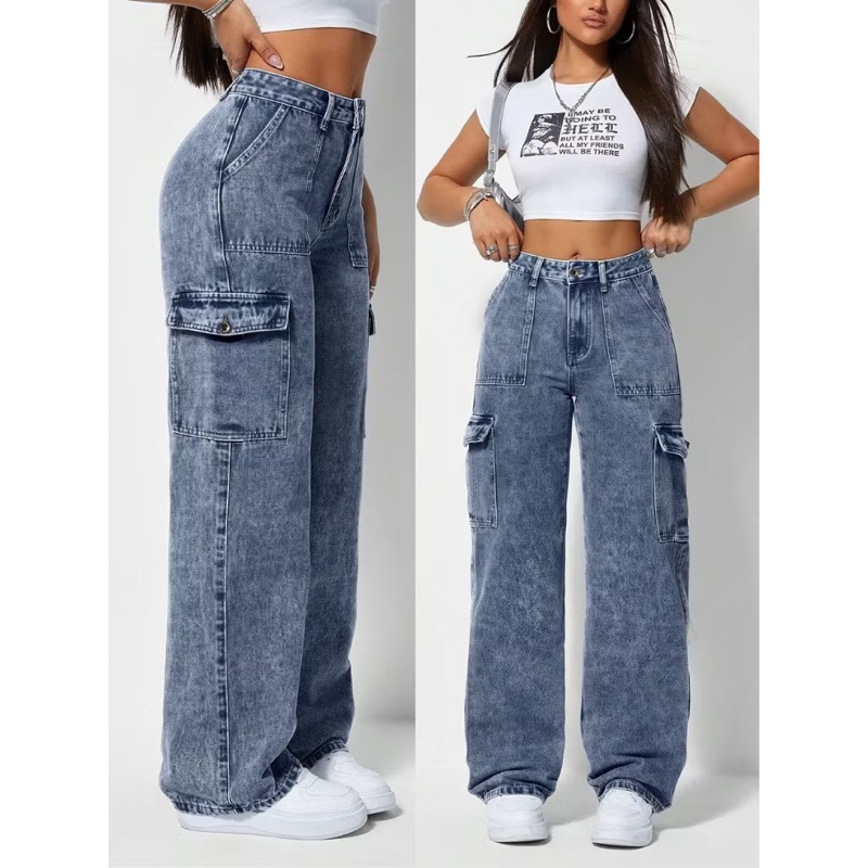 Calça Cargo Jeans Feminina Bolso Lateral Cintura Alta Wide Leg Pantalona