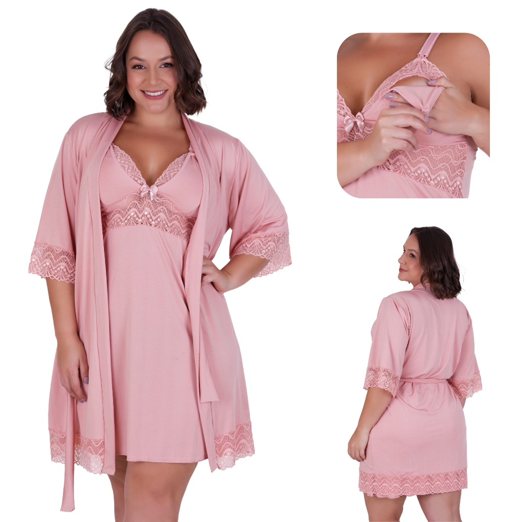 Kit Camisola Amamentação e Robe Plus Size Pós Parto Confortavel Saida Maternidade Gestante