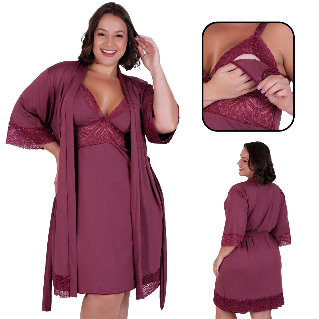 Kit Camisola Amamentação e Robe Plus Size Pós Parto Confortavel Saida Maternidade Gestante em Oferta na Shopee