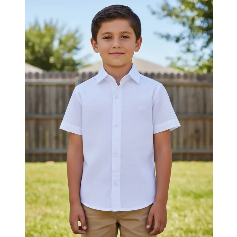 Camisa Social Branca Com Bordado Manga Curta Infantil Juvenil Masculino Alfa Batizado Crisma Eucaristia