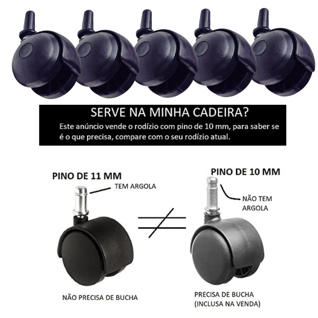 Kit 5 Rodinhas Rodízios P/ Mocho Carrinho Auxiliar Pino 10mm