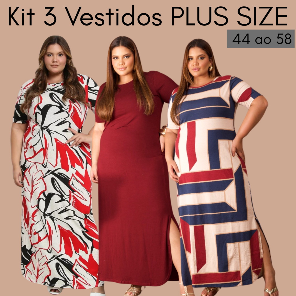 Kit 3 Vestidos Longos Plus Size Curve Festa Evangélico Social veste do 42 ao 58  Verão Feminino Sise em Oferta na Shopee