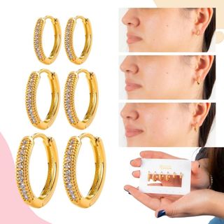 Trio Brinco Argola Banhada A Ouro Cravejada Com Mini Zirconia