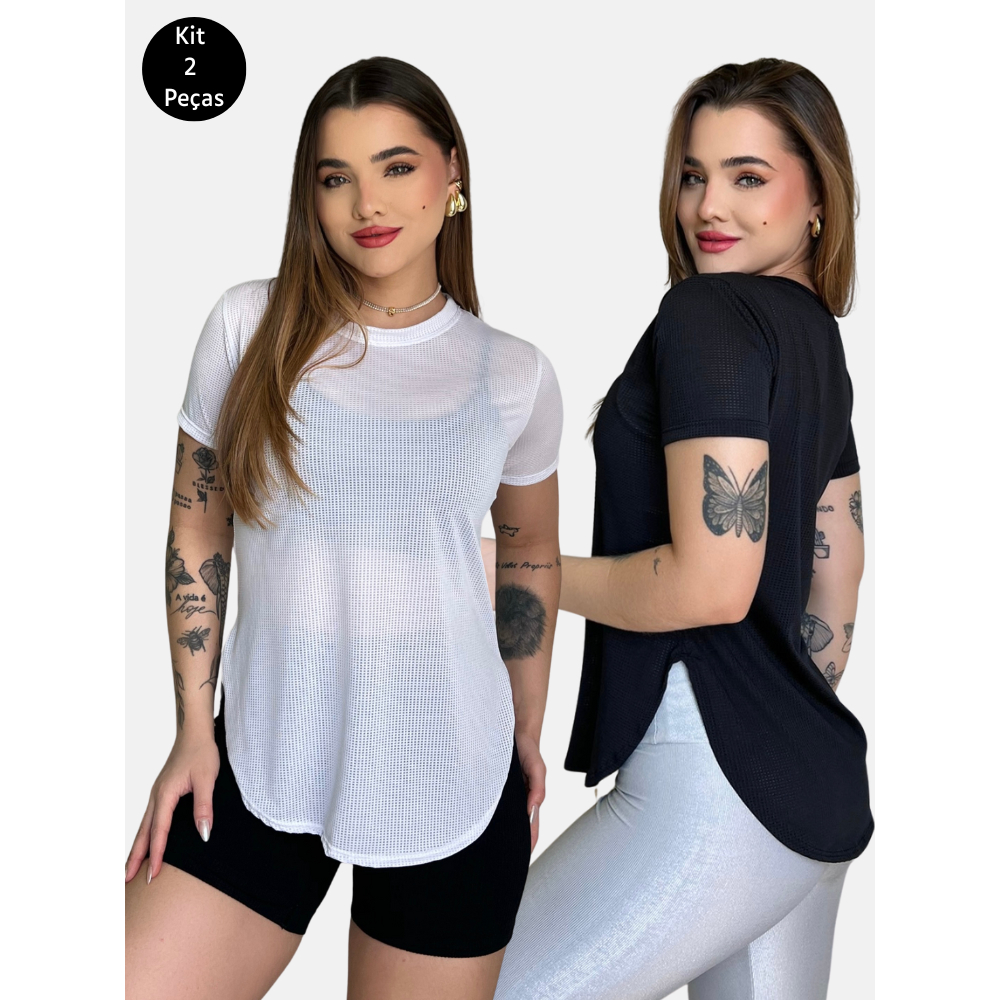 Kit 2 Blusas Dry Fit Oval Tapa Bumbum T-shirt Camiseta Feminina Básica Academia Fitness Treino