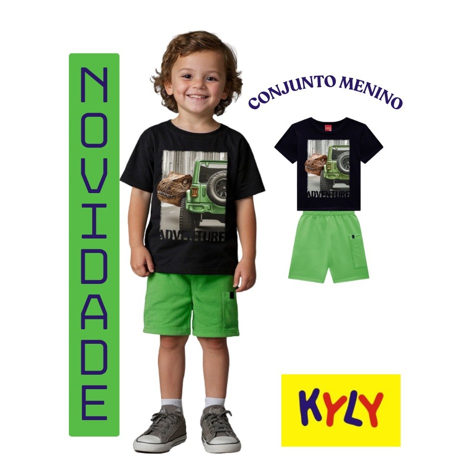 Conjunto Infantil Menino Dinossauro Kyly,camiseta  meia malha 100% algodãon,bermuda em moletom Verão