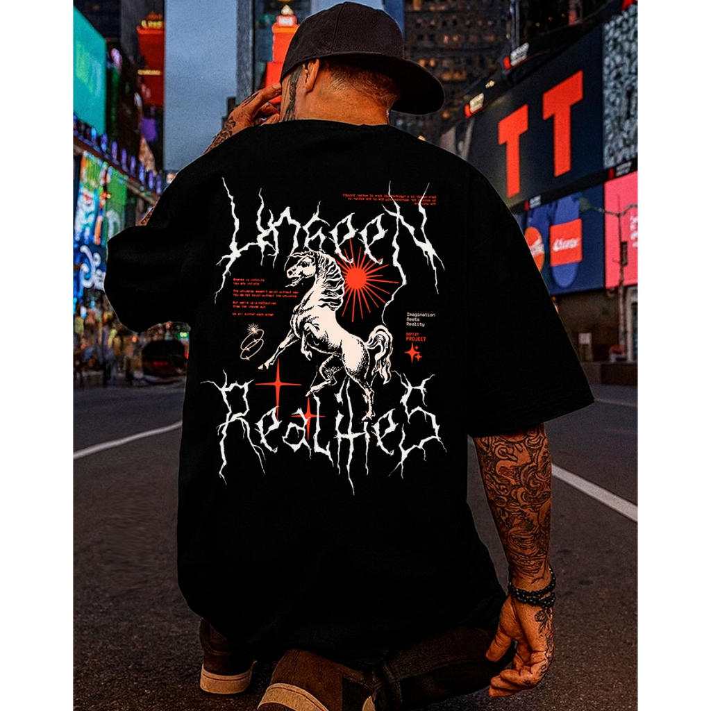 Camiseta Streetwear Masculina Oversized Cavalo Unseen Realities Estampada Algodão Penteado Premium