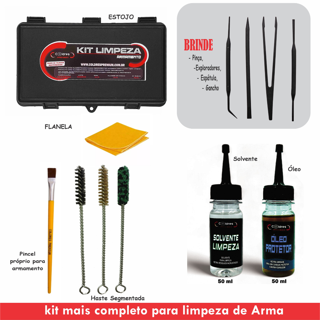 kit limpeza de arma 38, 380, 9mm, .40, .45