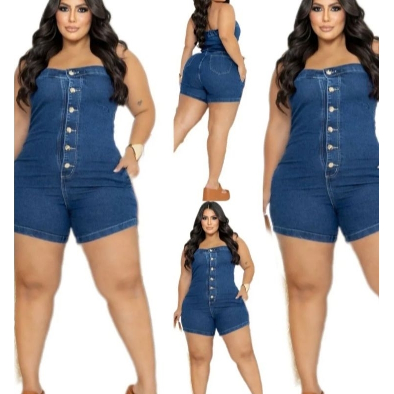 Macacão Jeans Feminino Tomara que Caia Plus Size Jardineira Jeans Feminina Botoes 46 ao 56