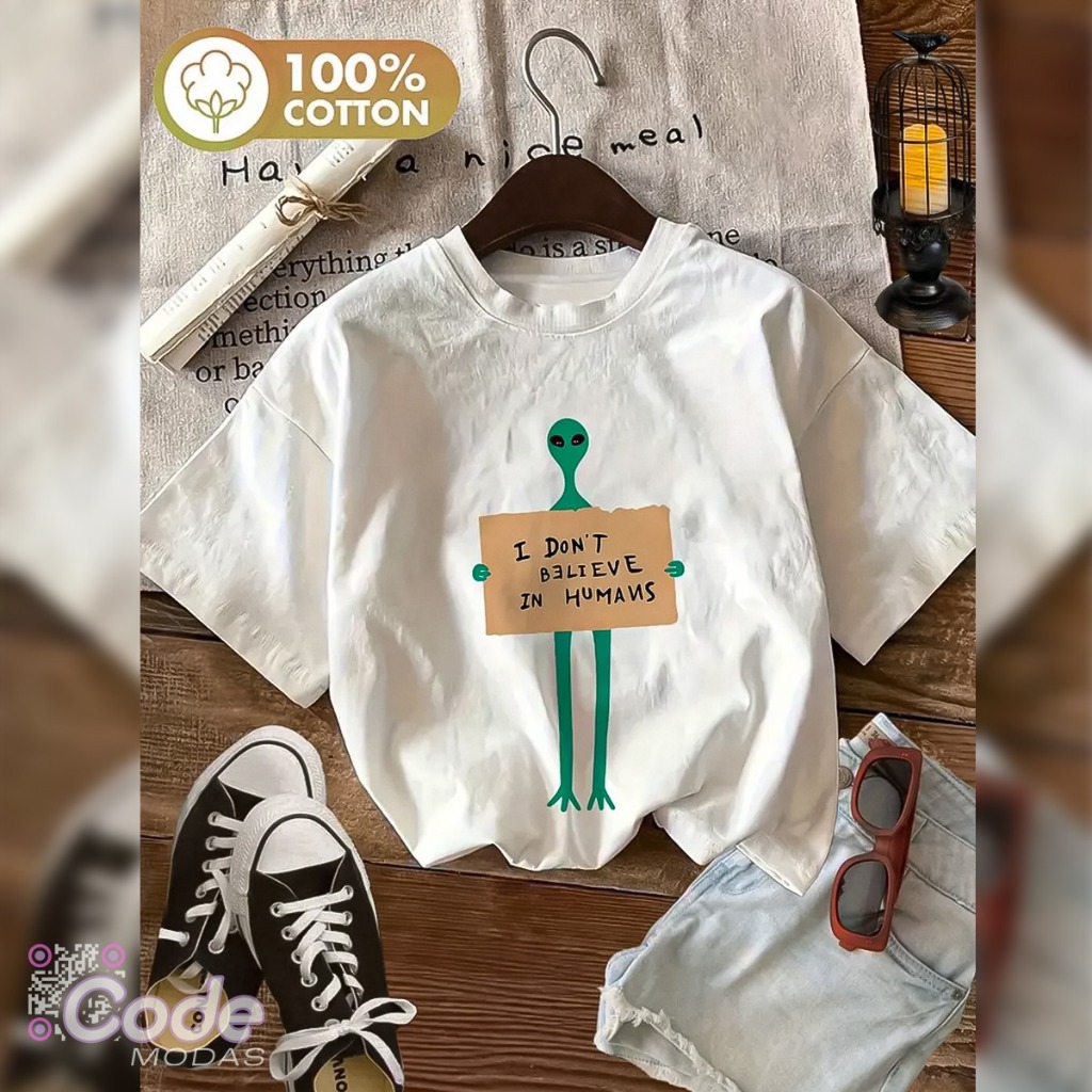 Camisa Camiseta T-Shirt I don't believe in humans Estilo Vintage Algodão Aesthetic em Oferta na Shopee