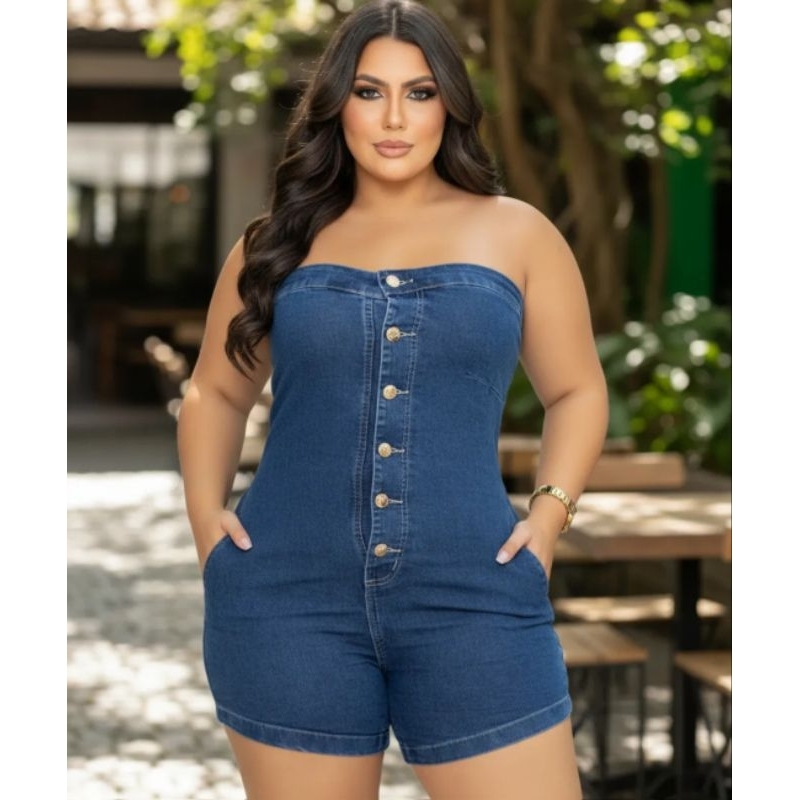 Macacão Jeans Plus Size Tomara que Caia com laycra Short Curto Feminino Cintura Alta Jardineira Short Meia Coxa Pedal