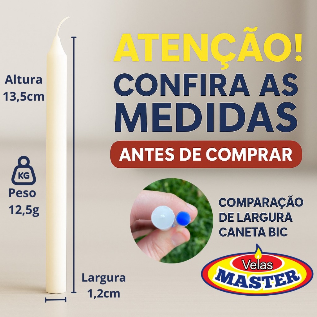 100 Velas Palito Branca Parafina Pura (13,5 cm X 1,2 cm) kit