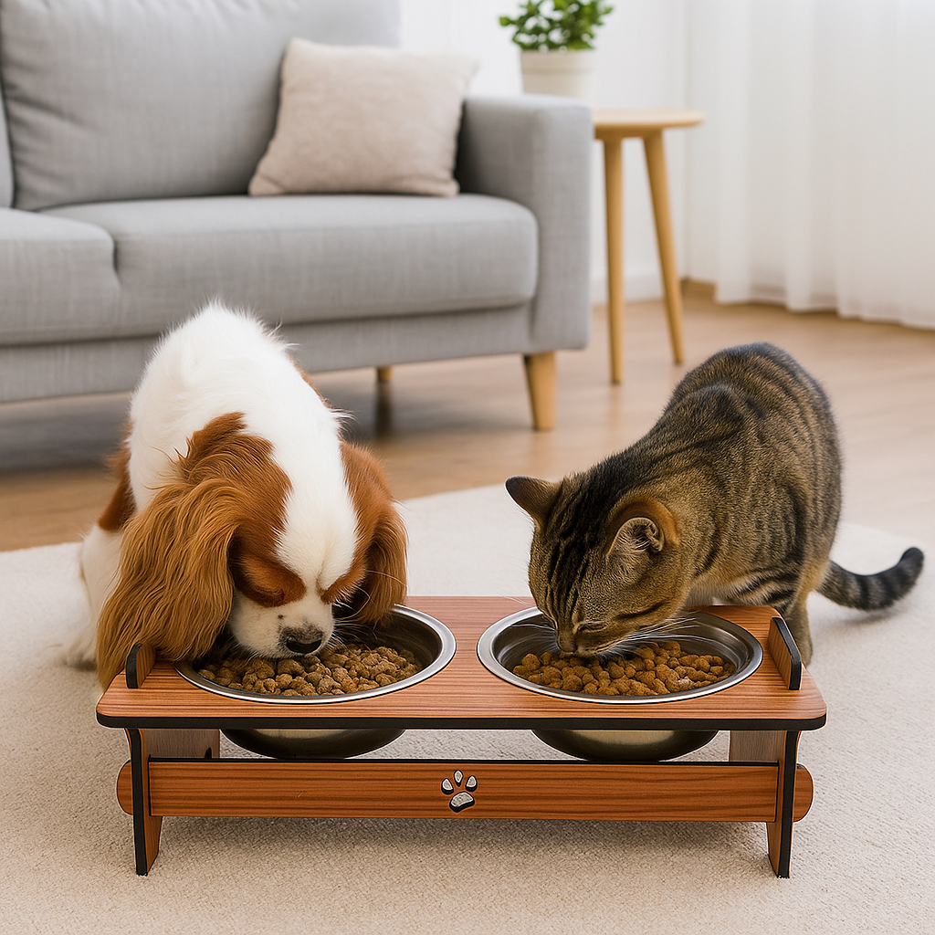 Comedouro Pet Elevado Com TAMPAS Para Cachorro e Gato + Tigelas Inox