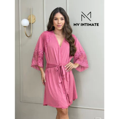 Robe Curto Luxo para Noiva em Microfibra Light com Detalhes em Renda