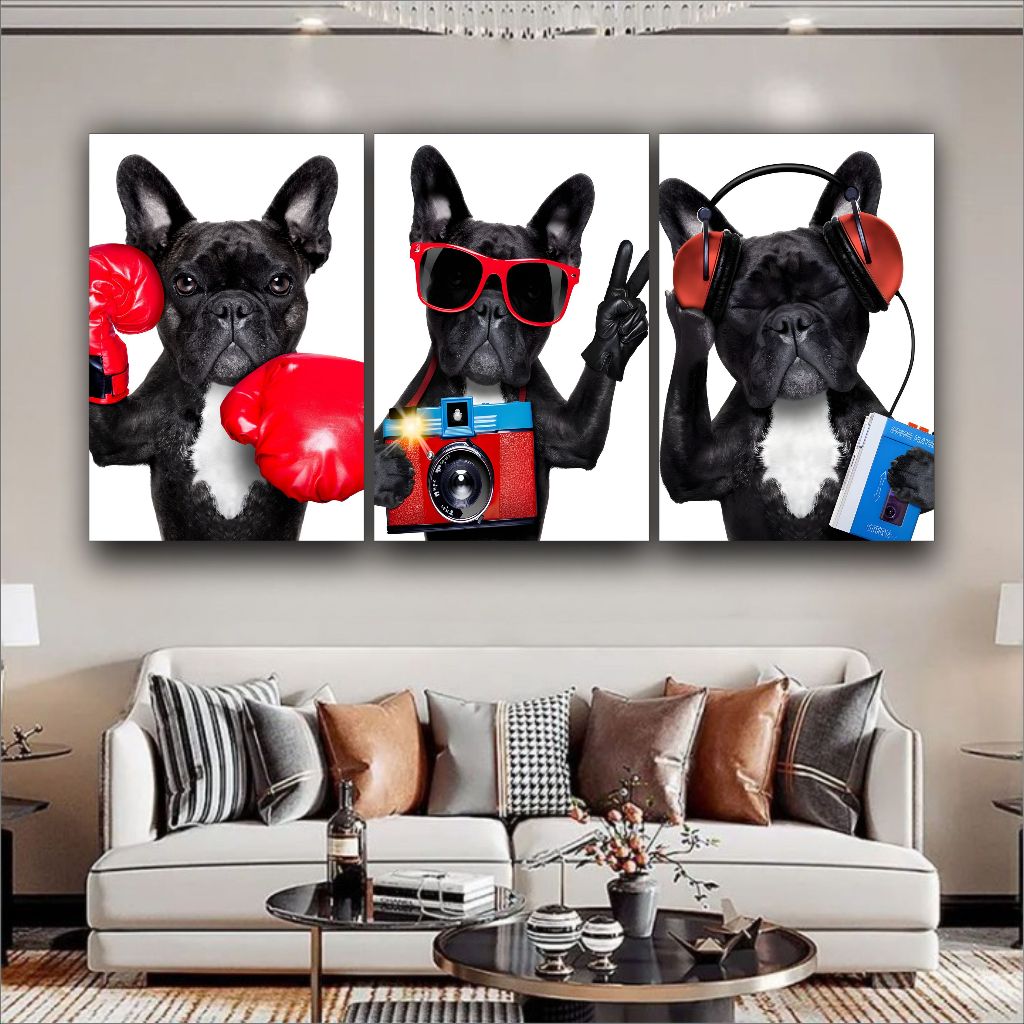Quadros Decorativos kit 3 peças Cachorro Buldogue Francês Divertido Quarto pet shop