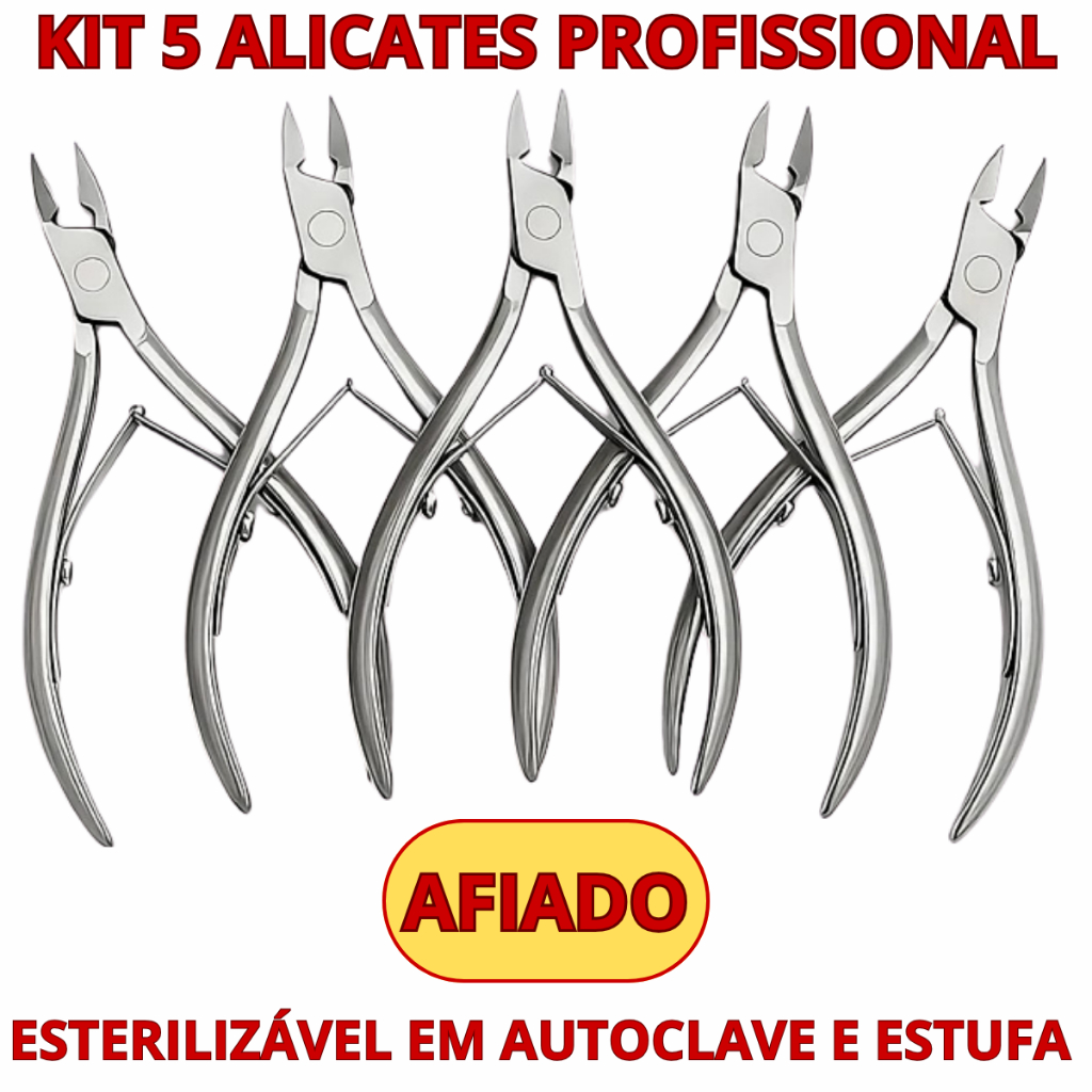 Kit 5 Alicates de Unha Profissional Cutícula Manicure Pedicure Removedor de Cutícula Aço Inoxidavel