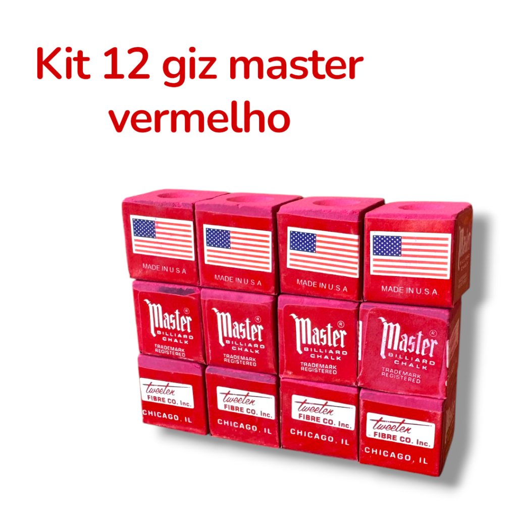 12 Giz p/ Sinuca Master Vermelho Kit Qualidade Premium Snooker Bilhar Profissional