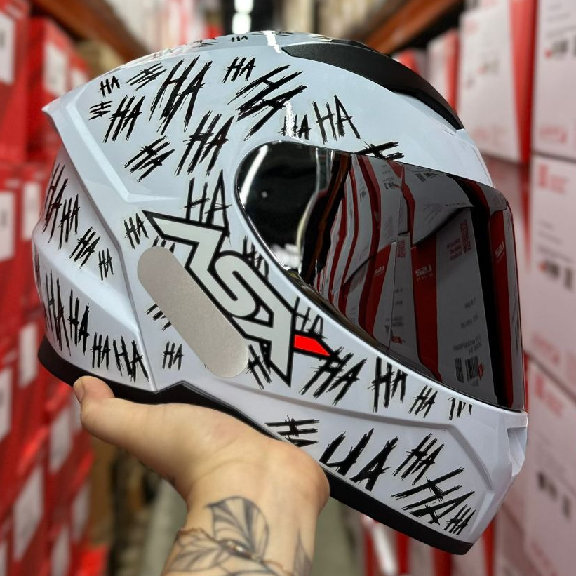 CAPACETE ASX CITY FUN BRANCO PRETO BRILHANTE HAHAHA JOKER + VISEIRA EXTRA CROMADA + NARIGUEIRA + BRINDE