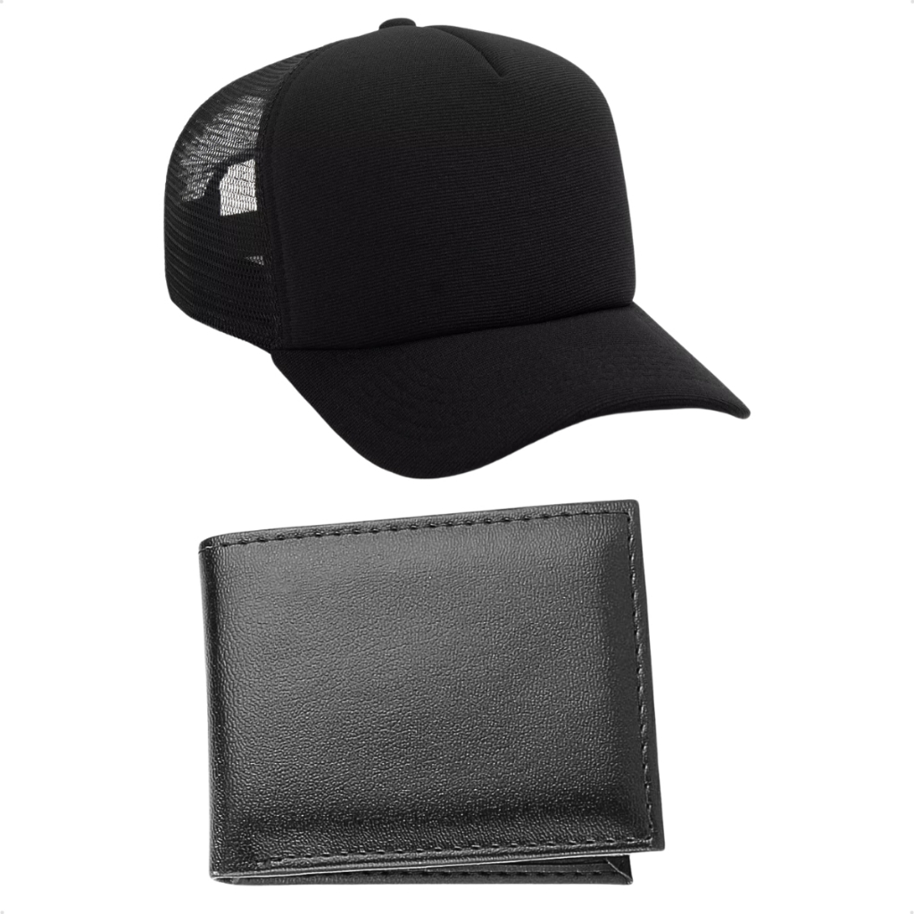 Kit Masculino Boné Preto e Carteira Slim Couro Sintético Preto Presente Elegante Moderno Casual