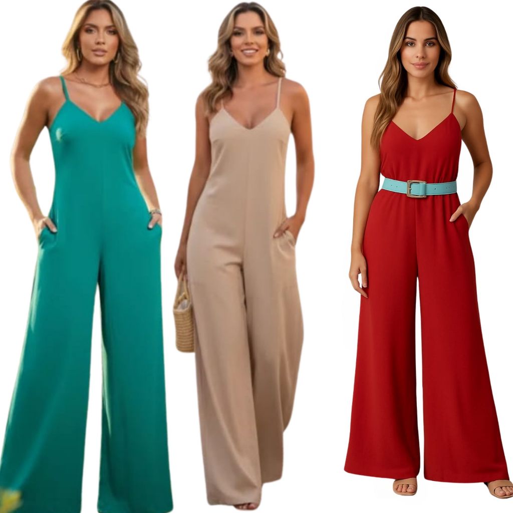 Macacão Feminino Branco Decote V com Bolsos Alça Regulável Tecido Duna Elegante Moda Verão em Oferta na Shopee