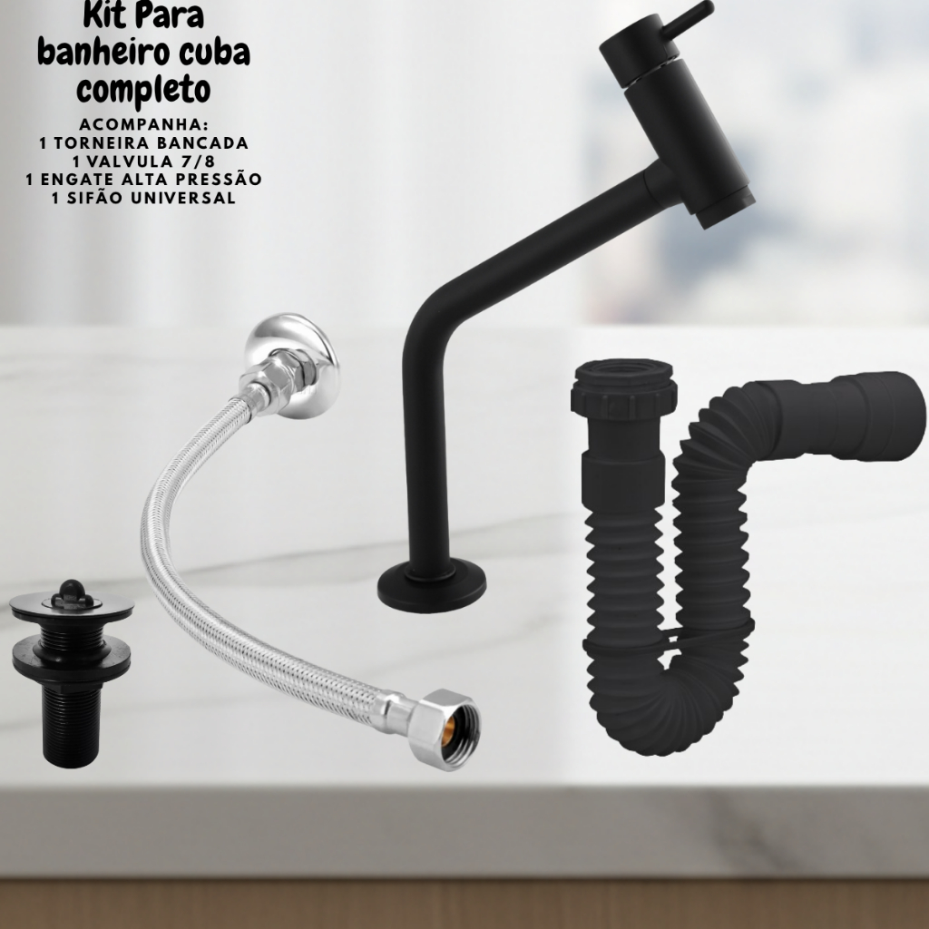 Kit para Lavatório/Banheiro Torneira + Válvula + Sifão + Engate - Black/Preto