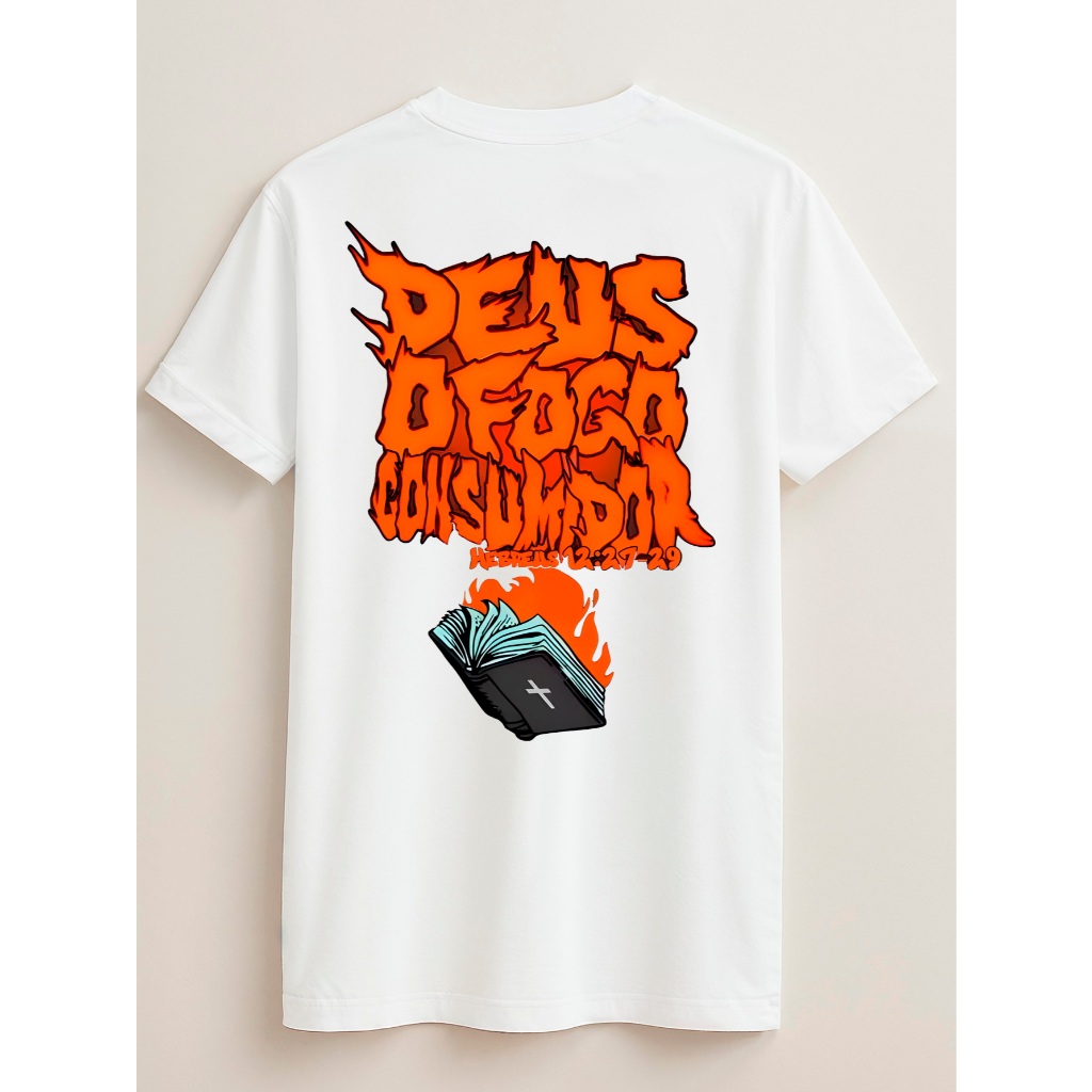 Camiseta T-Shirt Gospel Juvenil e Infantil Unissex 2 ao 16 anos Deus o Fogo Consumidor 100% Algodão