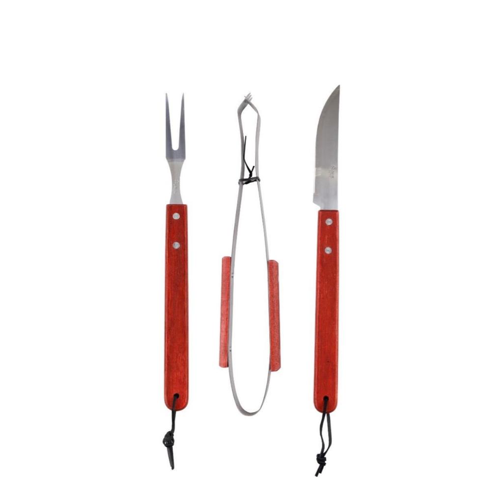 Kit Churrasqueiro Churrasco Faca Pegador Garfo Cabo Longo Madeira 3 PC Profissional e Doméstico