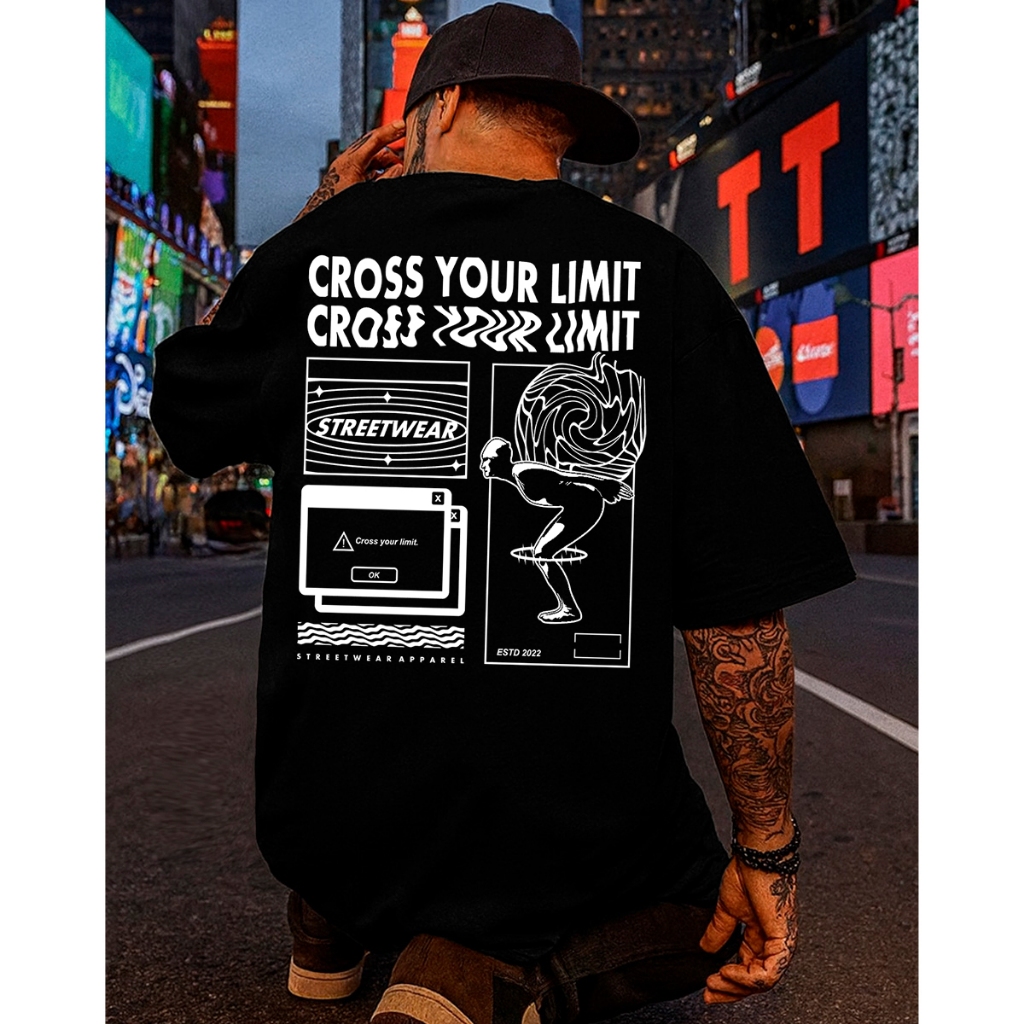 Camiseta Streetwear Masculina Oversized Cross Your Limit Estampada Frente e Costas Algodão Premium