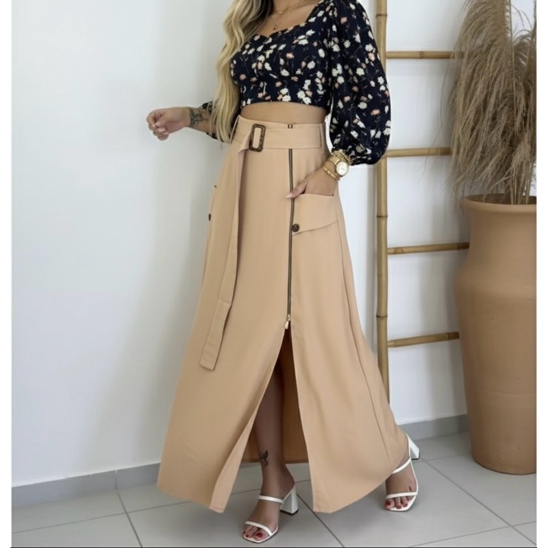 Saía Longa Alfaiataria Com Cinto Explusivo e Ziper Lateral  Moda Evangélica Social Elegante Plus size em Oferta na Shopee