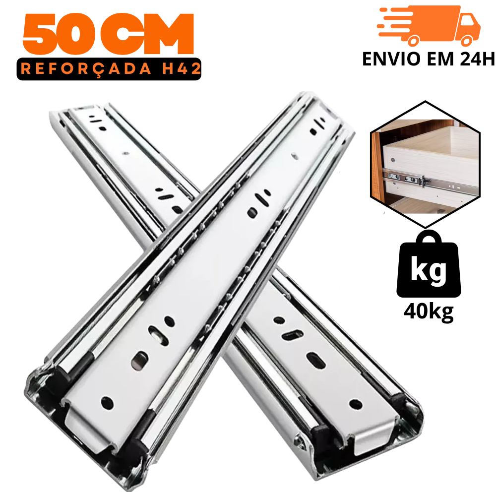 Corrediça Telescópica 50 cm Larga Reforçada Trilho de Gaveta H45 HDFerragens em Oferta na Shopee