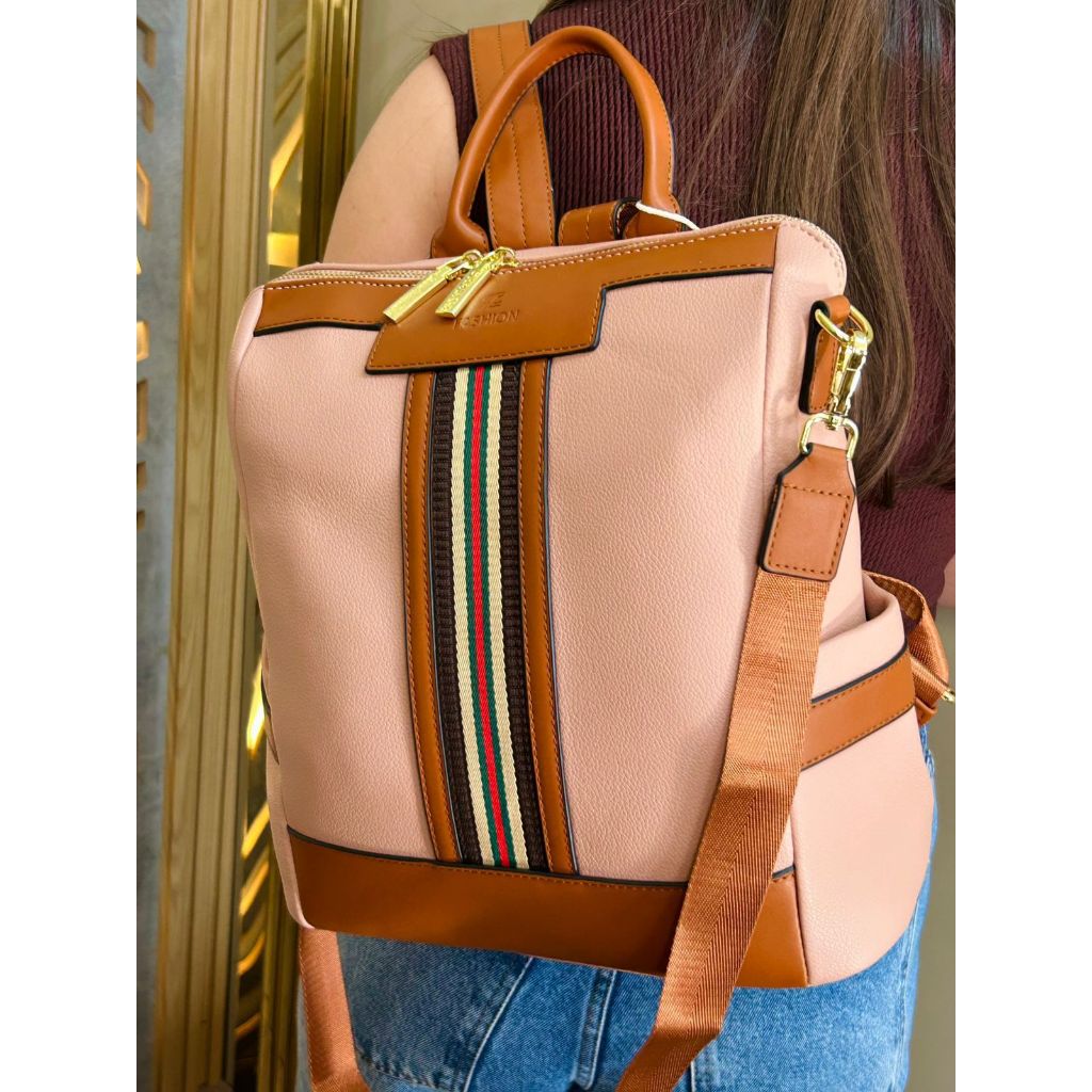 Mochila Feminina Chalita Elegante Moderna Listras Alça de Costas e Transversal Ajustavel Confortavel