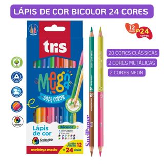 Lápis de Cor Tris Mega Soft Color Bicolor 24 Cores Neon, Metálicas e Clássicas Ponta Dupla TraçoEscolar e Artístico em Oferta na Shopee