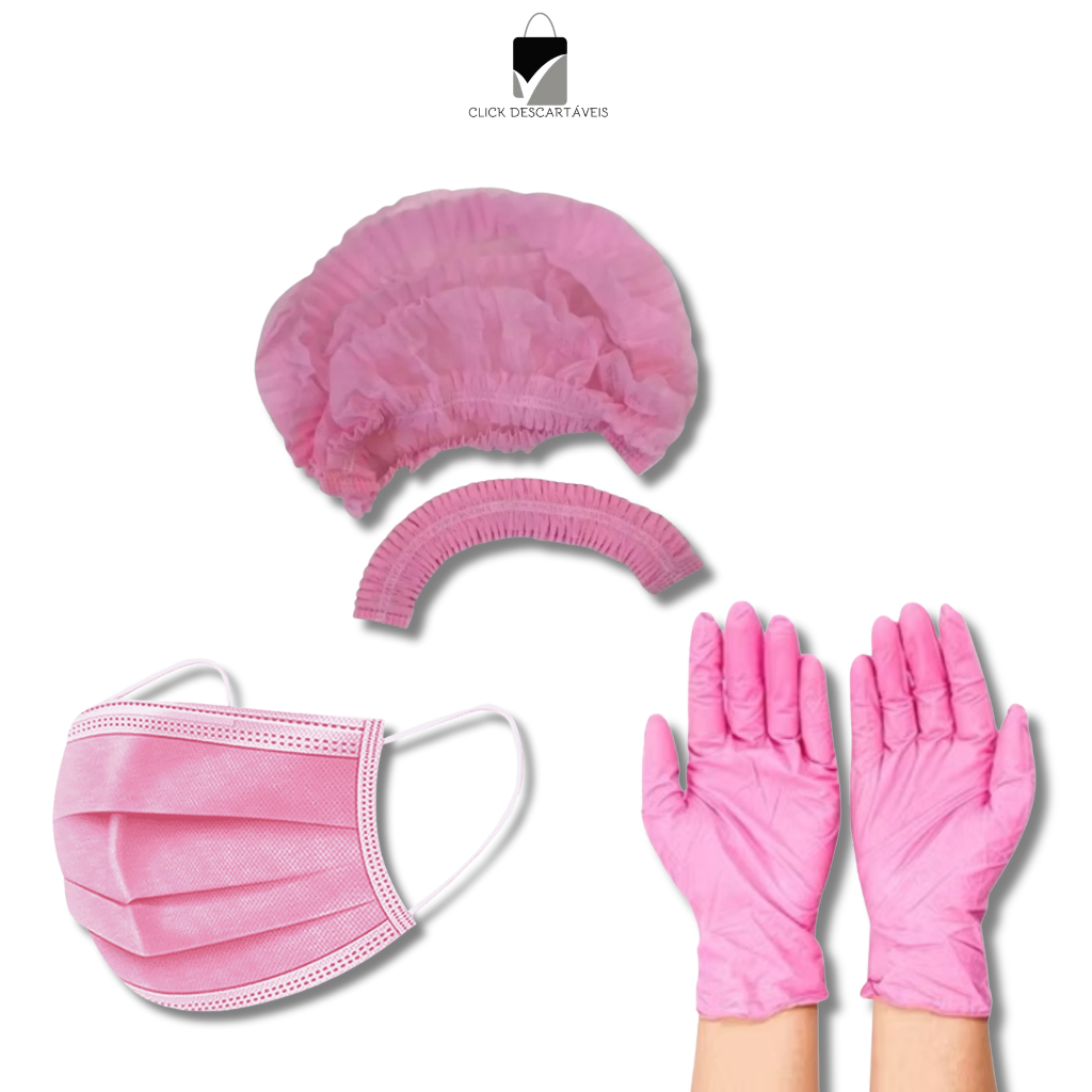 Kit ROSA 100 Touca TNT+50 Máscara Tripla Camada+ 100 Luva Nitrilica em Oferta na Shopee
