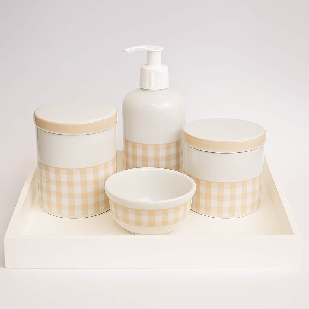 Kit Bebe Porcelana Higiene Maternidade Xadrez Bege Delicado