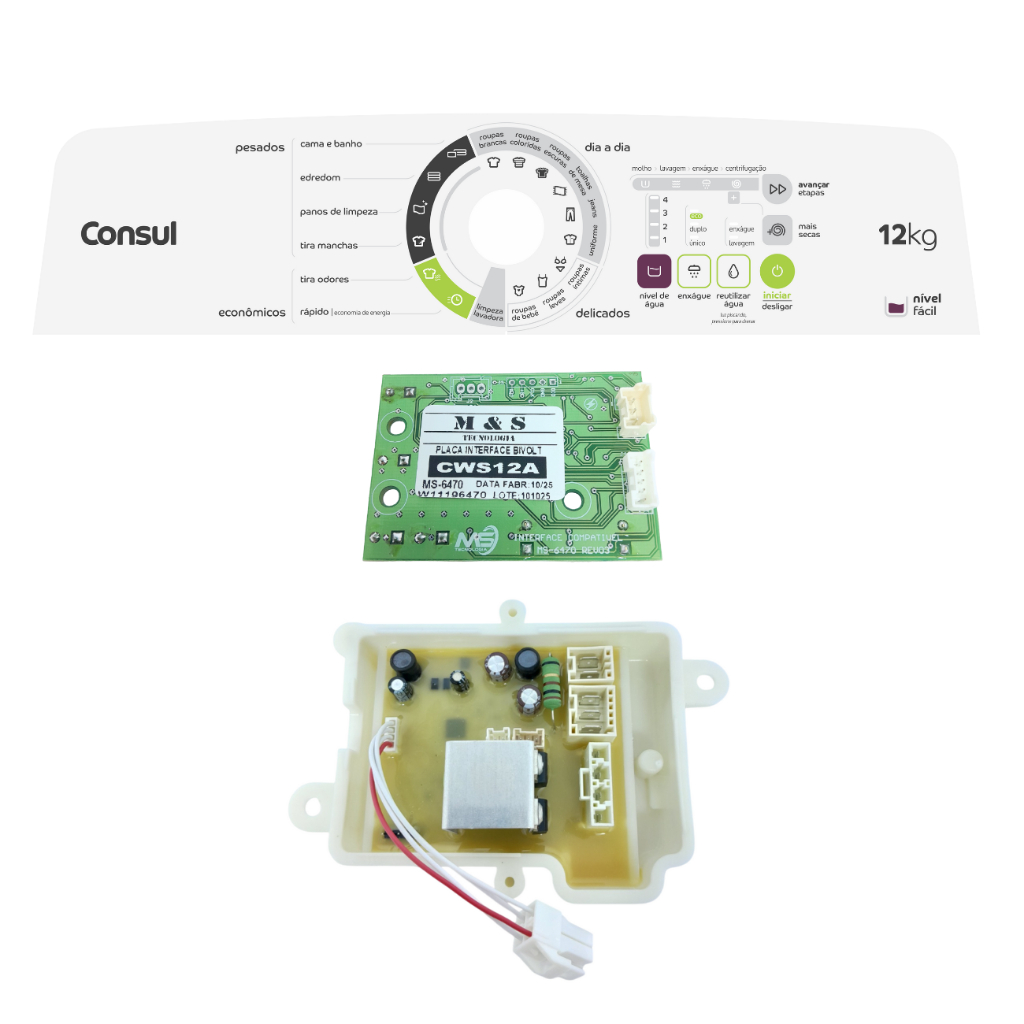 Kit Interface Potência e adesivo Para lavadora Consul 12kg Cws12 W11251564 W1196470 Bivolt compatível com CWS12A