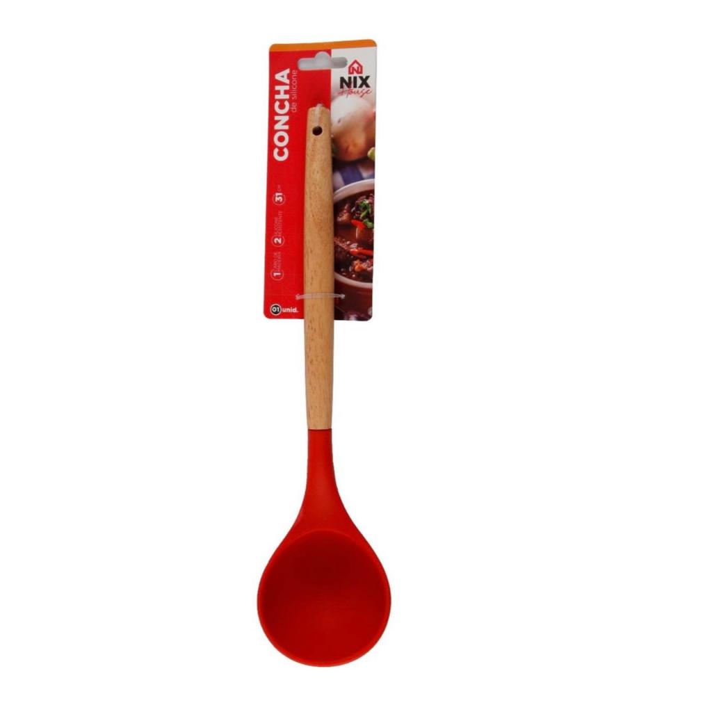 Concha Silicone Vermelha Com Cabo Madeira 31 Cm Concha Feijão Utensílio Cozinha