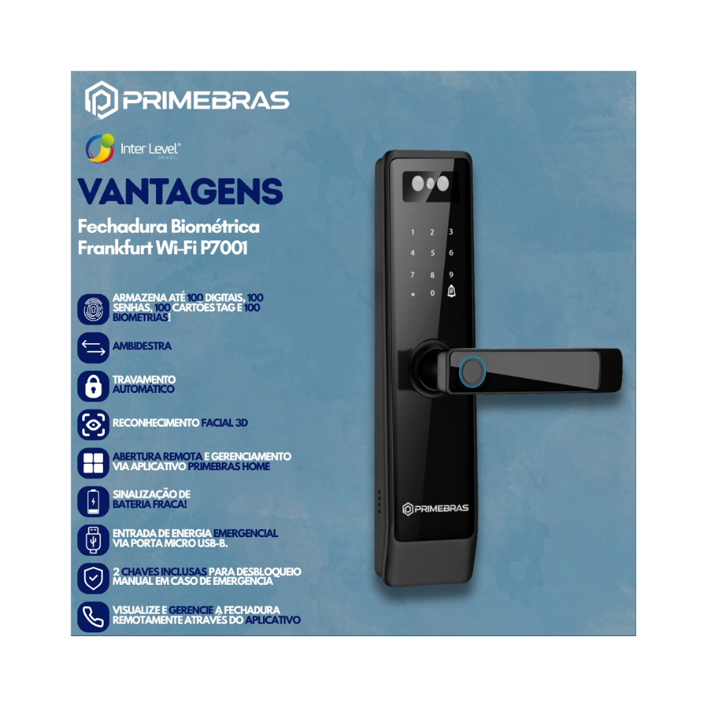 Fechadura Reconhecimento Facial Wi-Fi Frankfurt P7001 Primebras