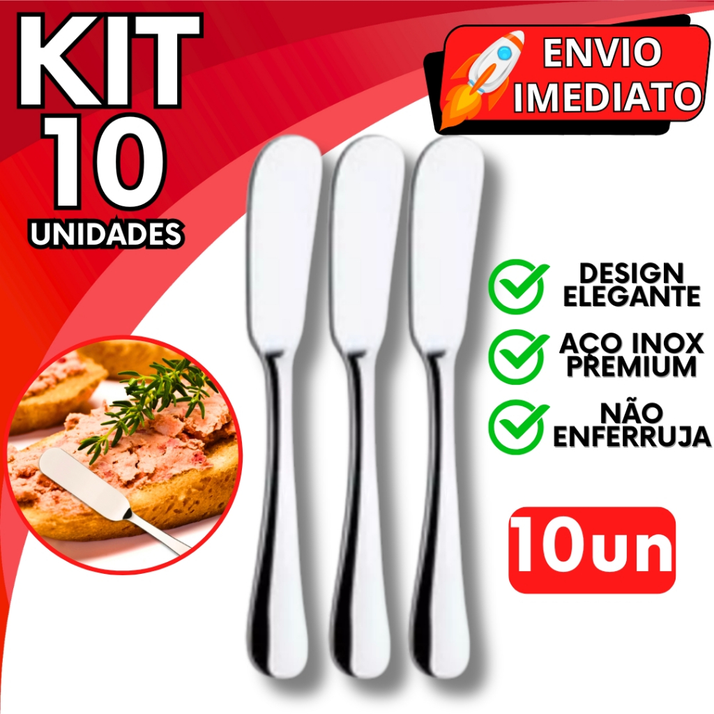 KIT Jogo 10 Espátula Pá Inox Resistente para Manteiga Patê Geleia Requeijão Margarina Casa Cozinha Restaurante Padaria