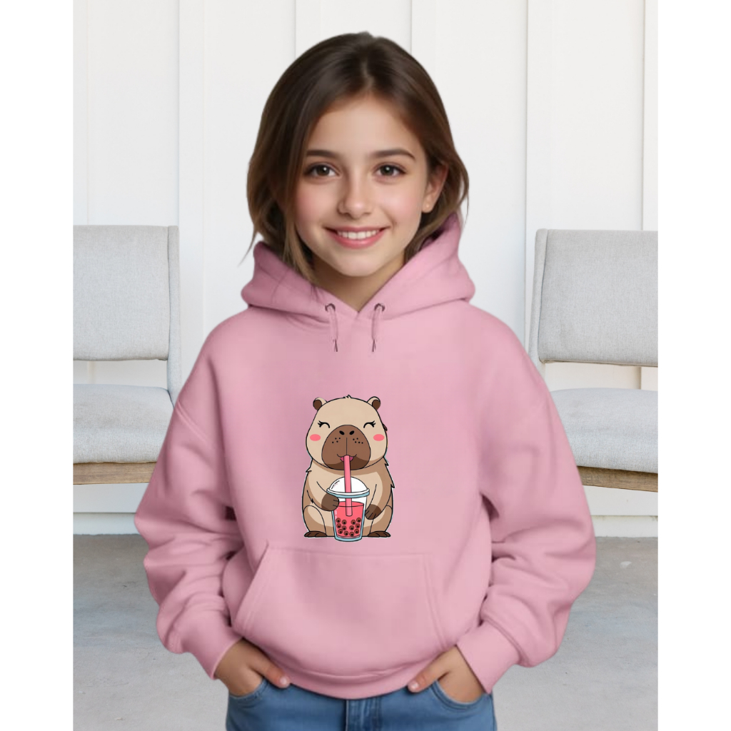 Blusa Moletom Infantil Estampa Capivara Copo Menina Capuz Bolso Canguru Casaco Inverno 4 ao 14