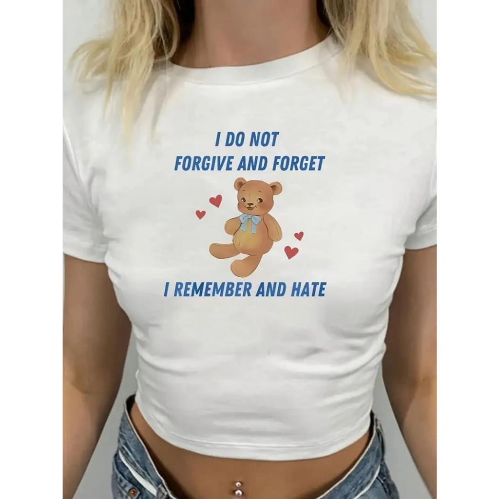 Baby Tee Feminina Sarcástica Y2K Urso de Pelúcia Frase I Do Not Forgive And Forget Estilo Tumblr Y2K em Oferta na Shopee