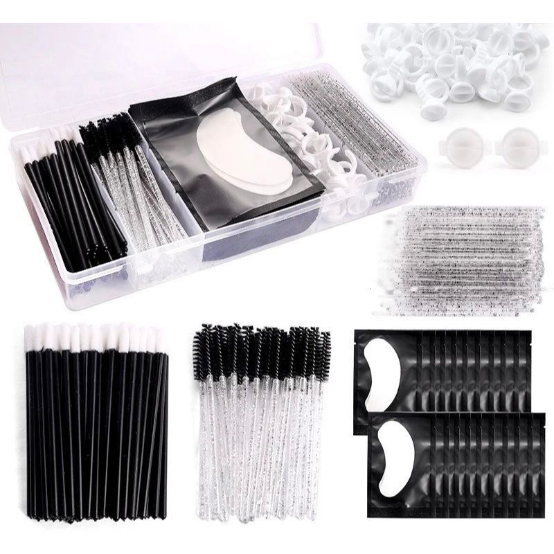 Kit utensilios Lash iniciante -pincel, escovinhas e anel para extensão de cílios com 120 unidades na