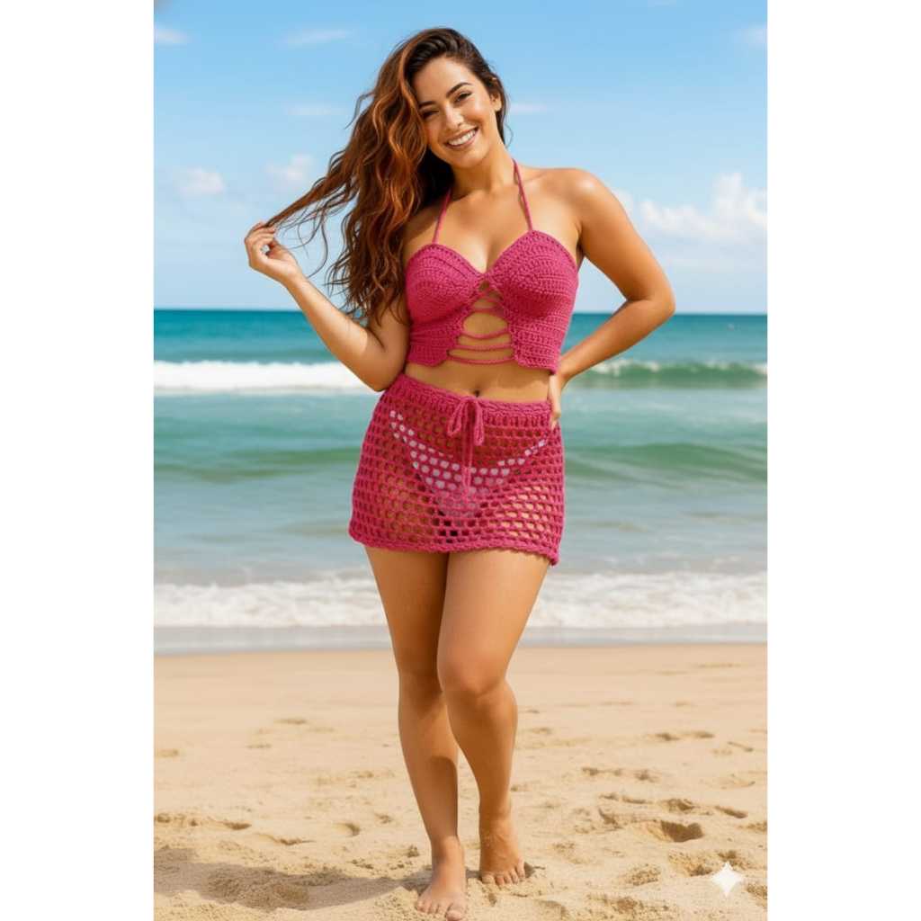 Conjunto de Praia em Crochê Feito à Mão – Top e Saia Handmade Feminino