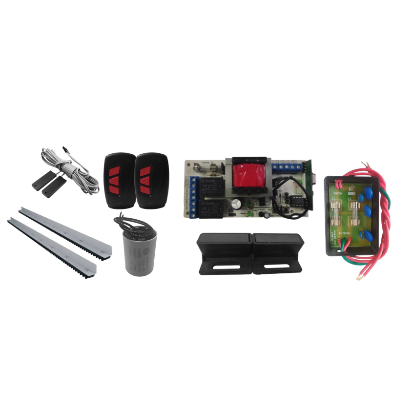 Kit Central PA Portão Deslizante central + controles + capacitor + fim de curso + cremalheira + imã + protetor de surto