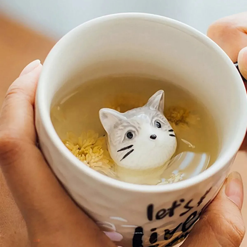 Caneca Cerâmica Com Gato Dentro Fofo 3d Xícara Café Leite Chá