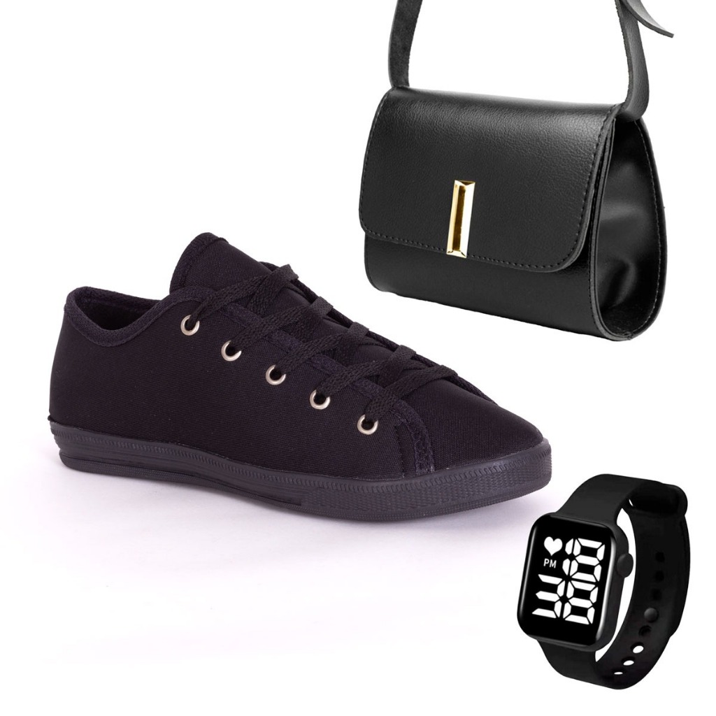 tênis casual feminino sapatênis dia a dia leve e confortável sola baixo + bolsa + relogio