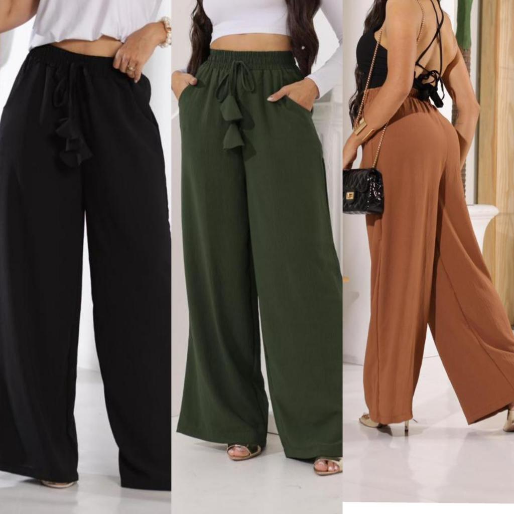 Calça Pantalona Feminina Cintura Alta com bolso Tecido Duna Verão