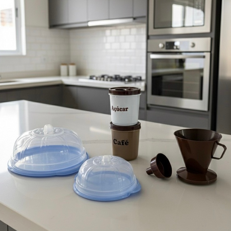 Kit Cozinha 5 Peças Boleira Com Tampa Queijeira Coador de Café Pote Café e Açúcar