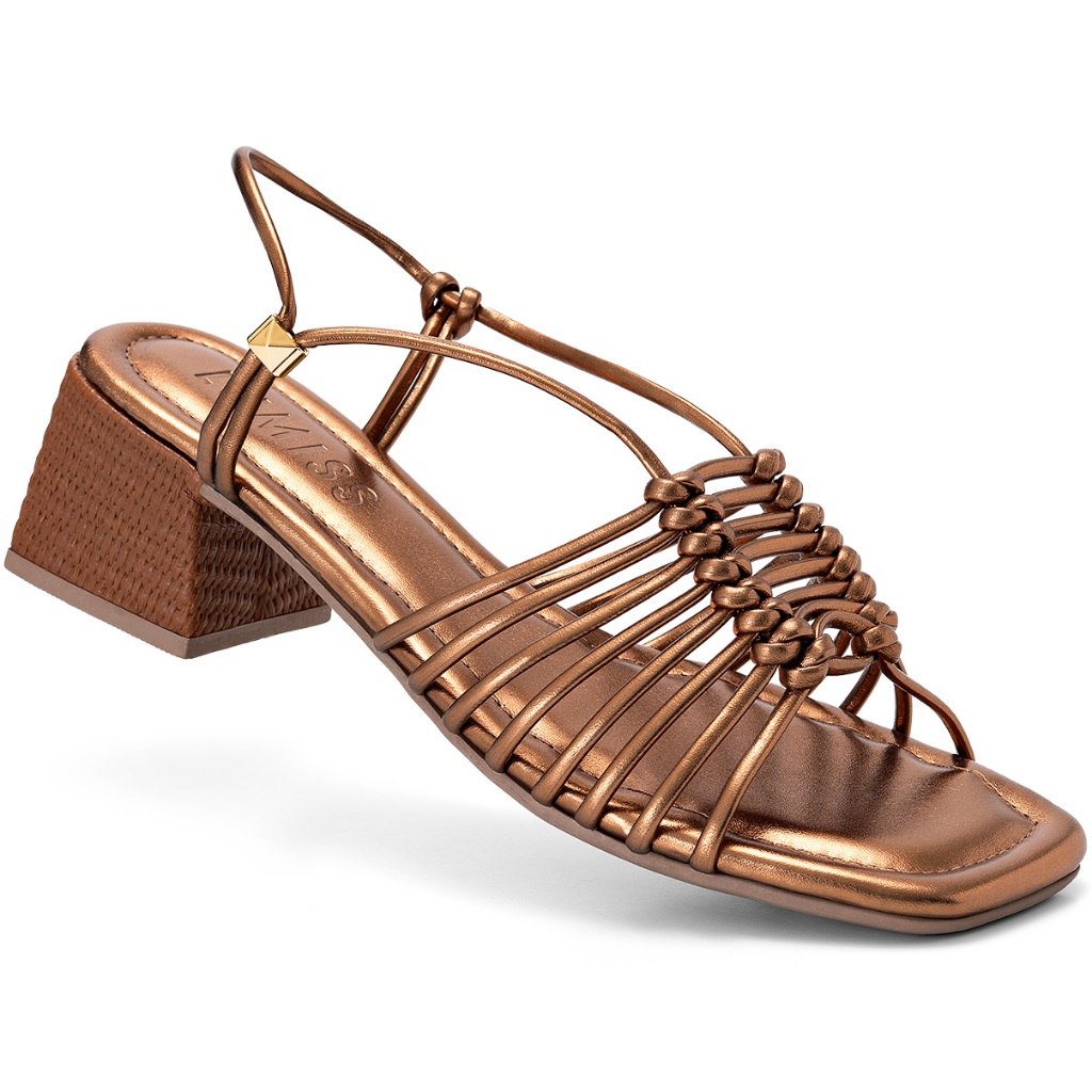 Sandália Feminina Lumiss Bico Quadrado Tramado Salto Bloco Baixo Metalizado Confortável Bronze em Oferta na Shopee