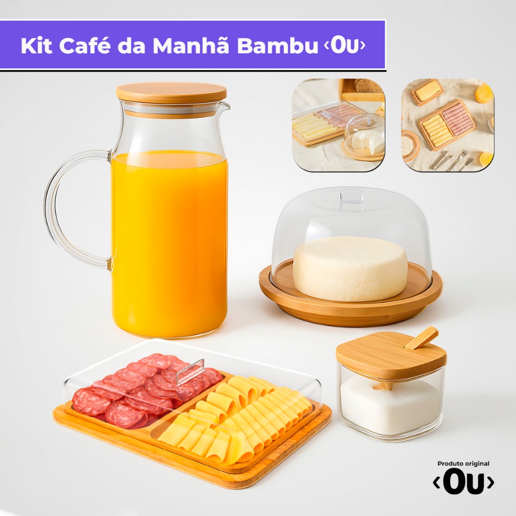 Kit Café da Manhã Completo Mesa Posta Bambu Luxo Porta Frios Jarra Açucareiro Porta Queijo 4pç <OU>